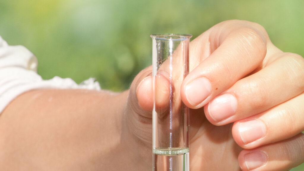 photo: hand holding a test tube containing a clear liquid